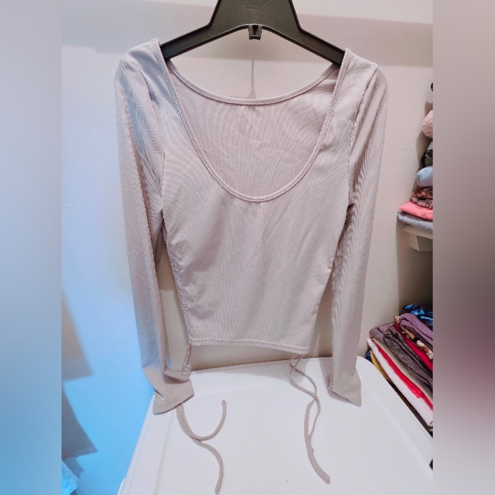 SHEIN Light Gray Ribbed Long Sleeve Blouse